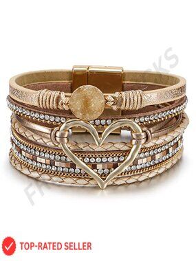 Boho Leather Wrap Multi-Layer Pearl Crystal Bracelet